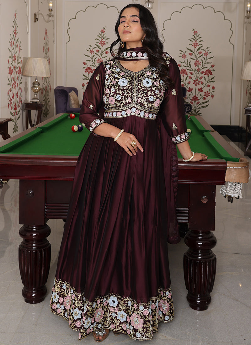 Deep Brown Rangoli Silk Embroidery Work Festival Wear Gown With Dupatta SW546792