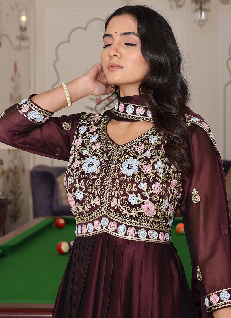 Deep Brown Rangoli Silk Embroidery Work Festival Wear Gown With Dupatta SW546792