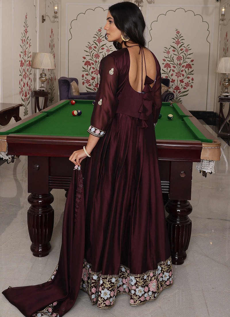 Deep Brown Rangoli Silk Embroidery Work Festival Wear Gown With Dupatta SW546792