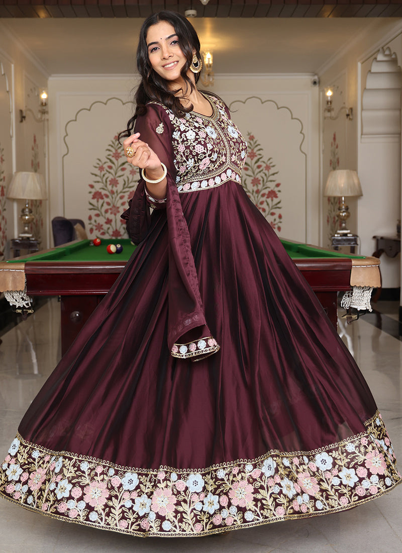 Deep Brown Rangoli Silk Embroidery Work Festival Wear Gown With Dupatta SW546792