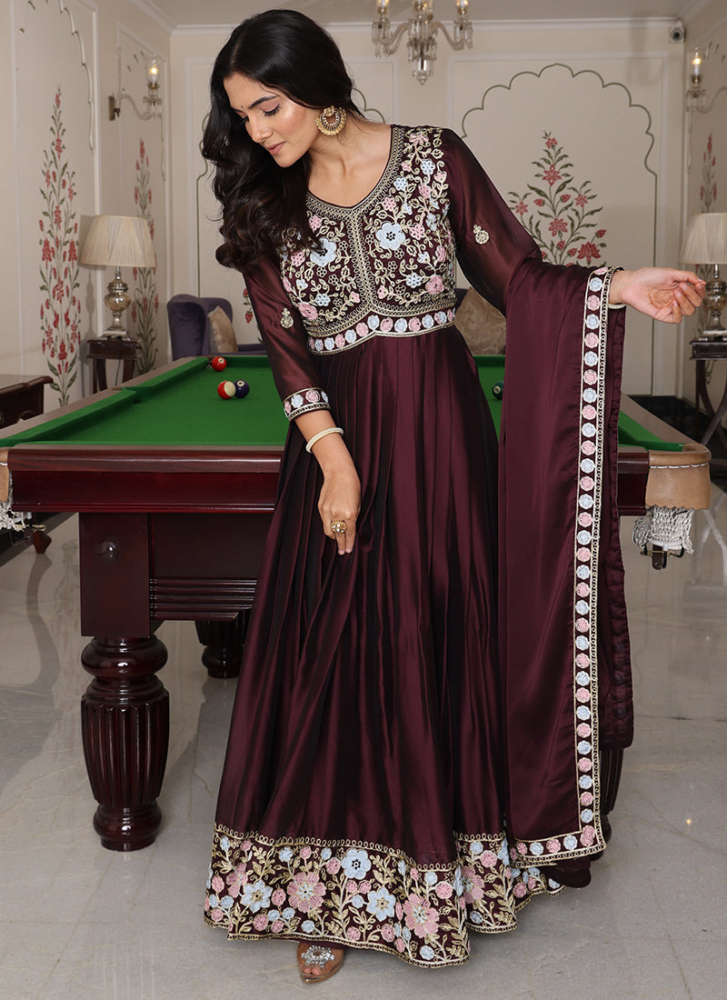 Deep Brown Rangoli Silk Embroidery Work Festival Wear Gown With Dupatta SW546792