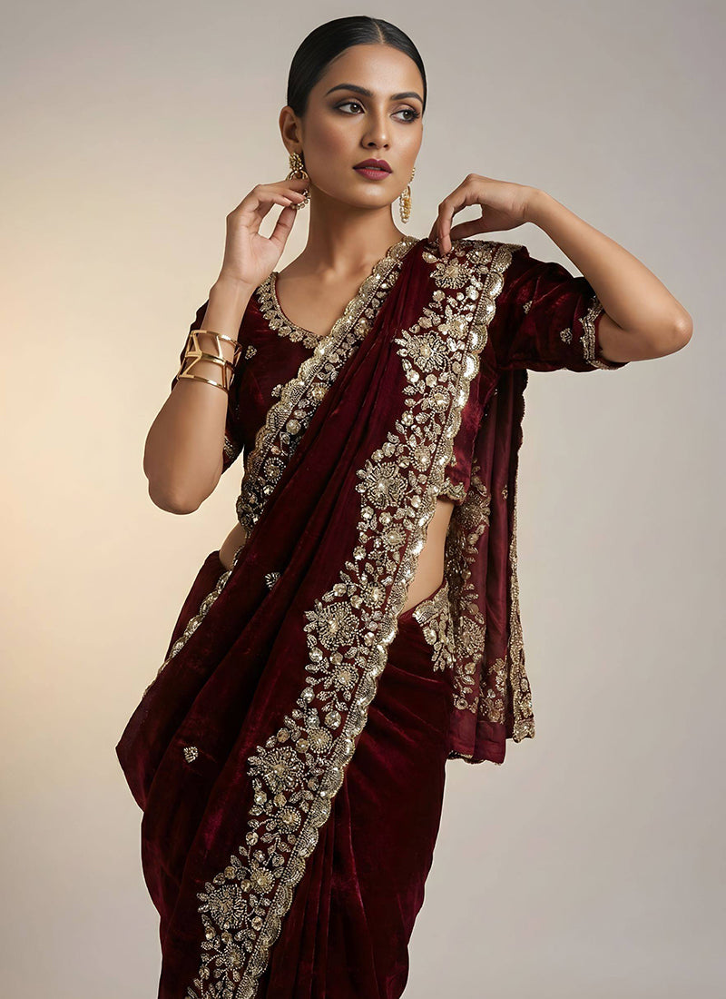 Fendy Satin Silk Deep Maroon Wedding Wear Zari Embroidery Work Wedding Saree 389005