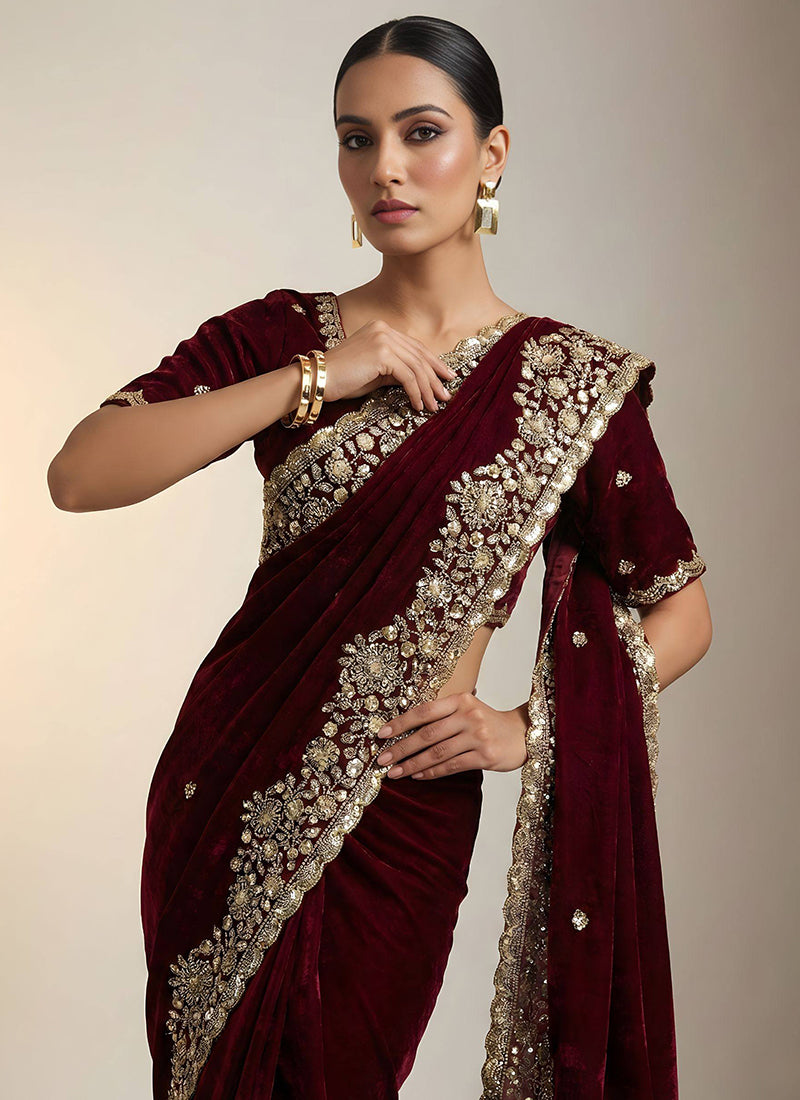 Fendy Satin Silk Deep Maroon Wedding Wear Zari Embroidery Work Wedding Saree 389005