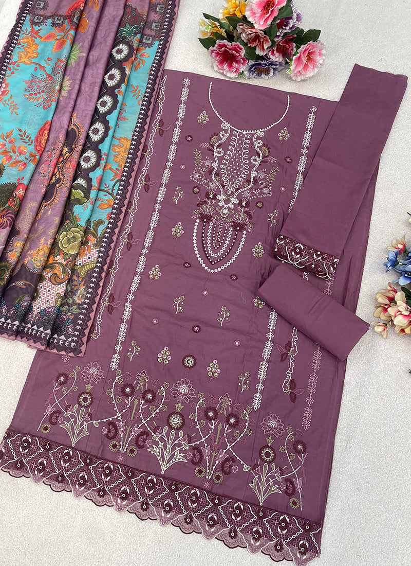 Dusty Mauve Cambric Cotton Embroidery Work Eid Wear Pakistani Suit SW887208