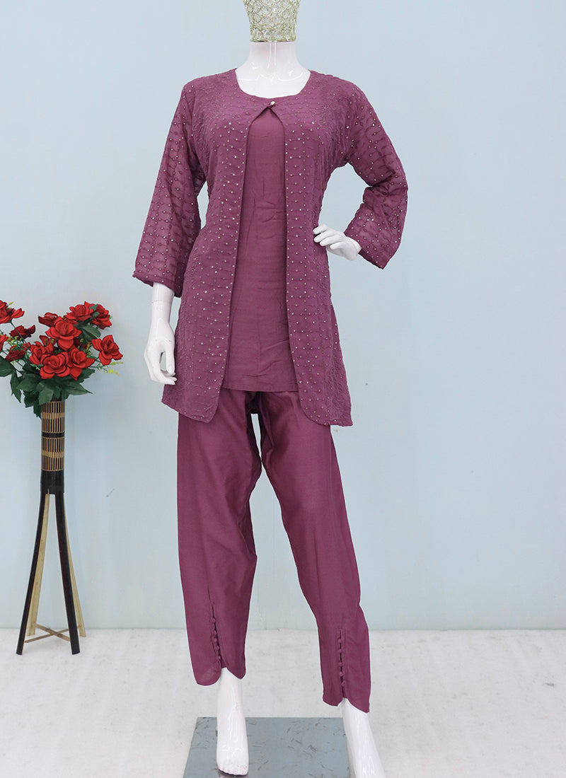 Faux Georgette Dusty Mauve Casual Wear Embroidery Work Readymade Designer Kurti 388701