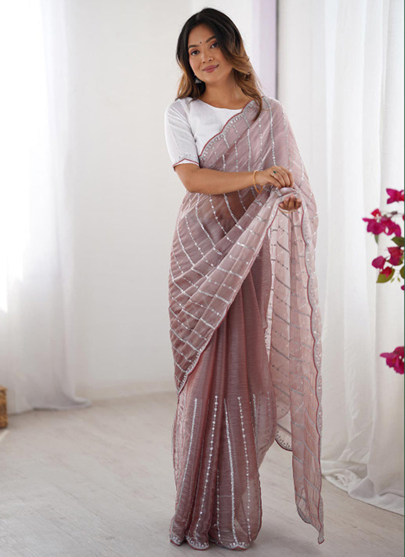 Jimmy Choo Dusty Mauve Ocassional Wear Embroidery Work Saree