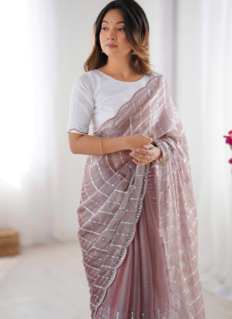 Jimmy Choo Dusty Mauve Ocassional Wear Embroidery Work Saree