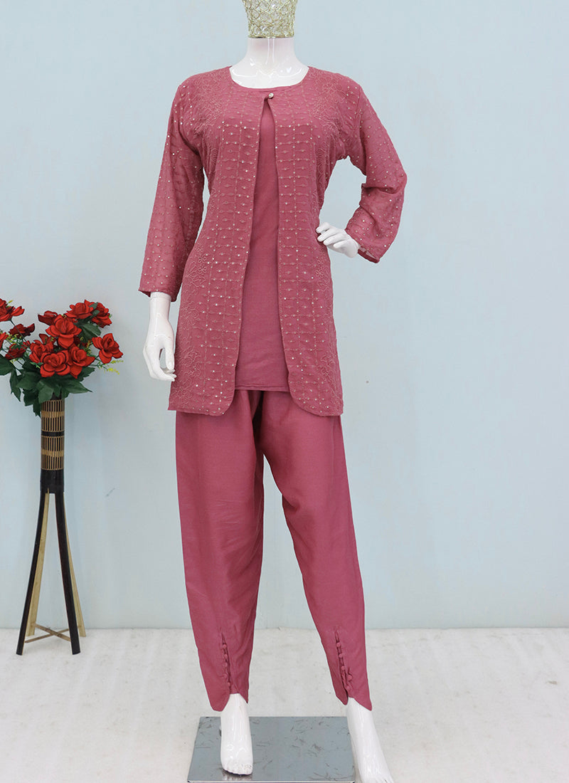 Faux Georgette Dusty Pink Casual Wear Embroidery Work Readymade Designer Kurti 388699
