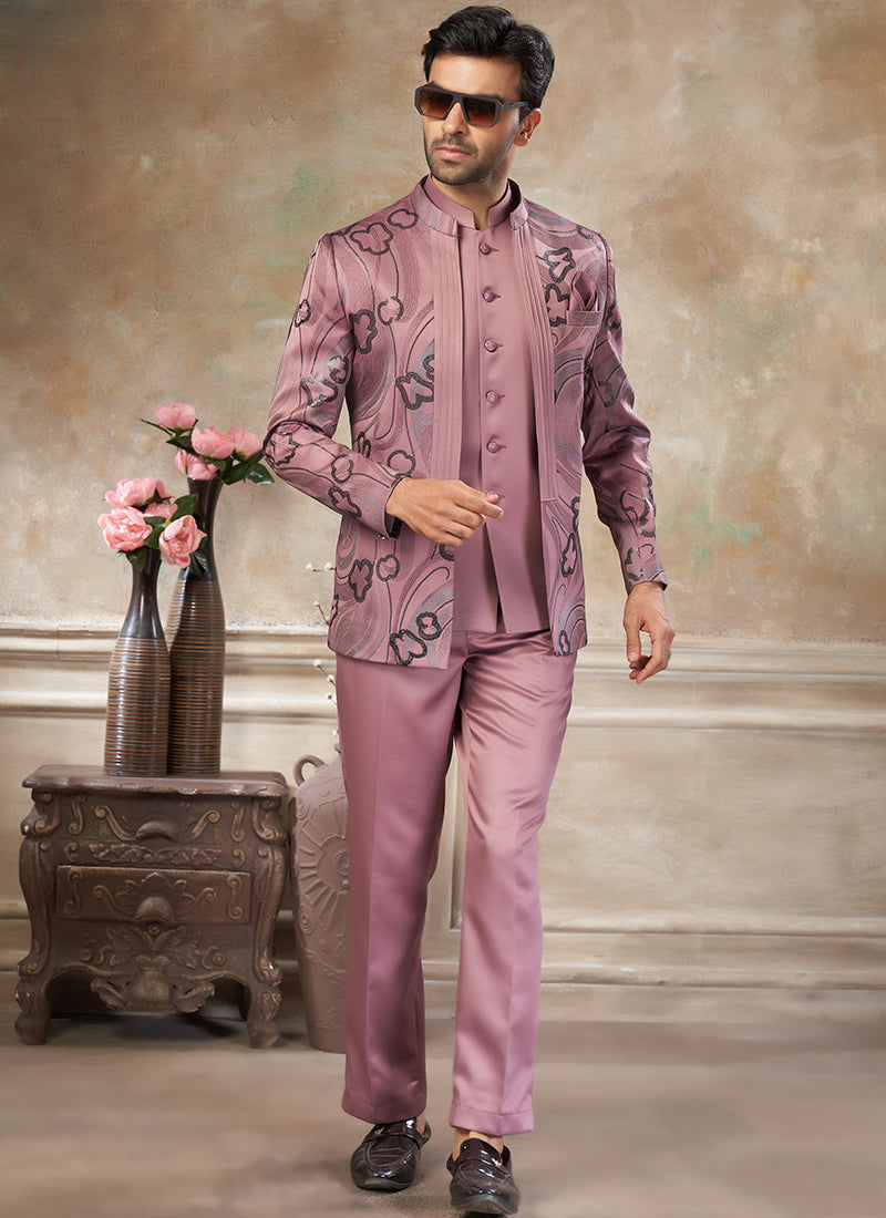 Imported Plain Fabric Dusty Pink Party Wear Embroidery Work Readymade Jodhpuri Suit