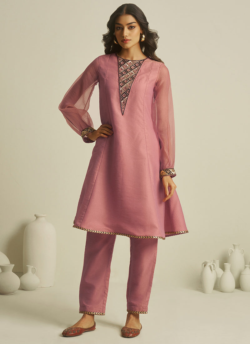 Pure Tissue Dusty Pink Casual Wear Hand Work Readymade Kurti With Pant 388740