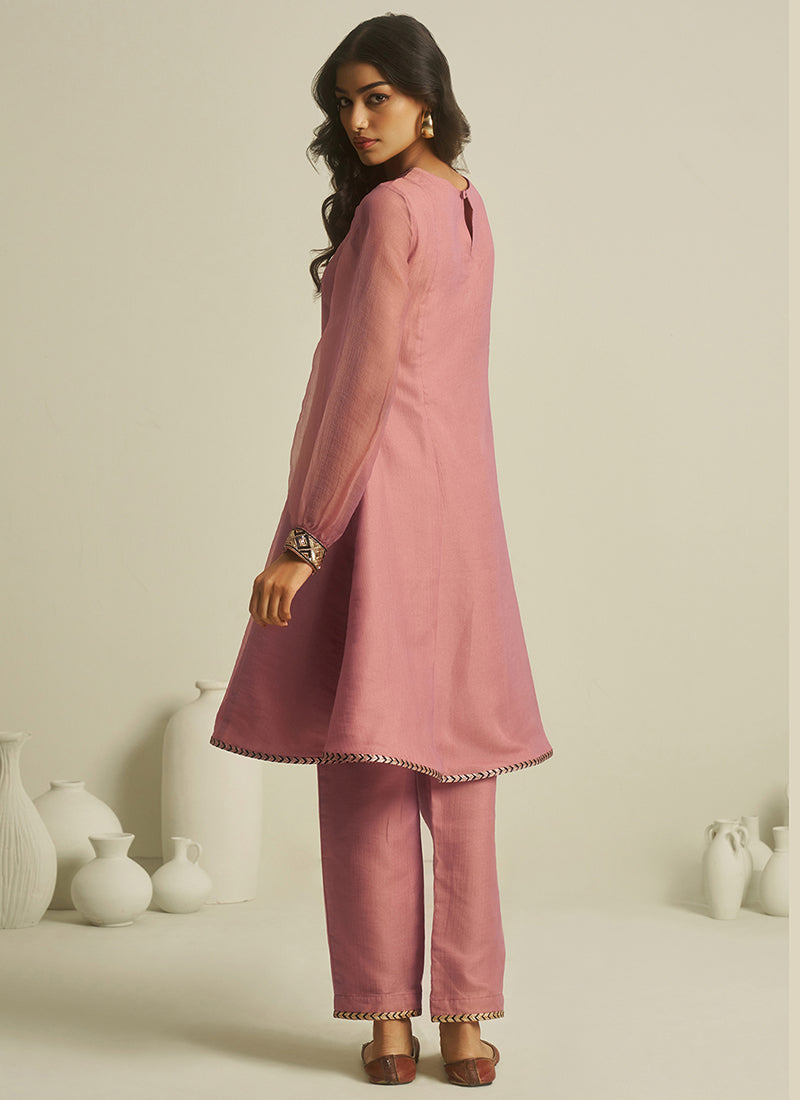 Pure Tissue Dusty Pink Casual Wear Hand Work Readymade Kurti With Pant 388740