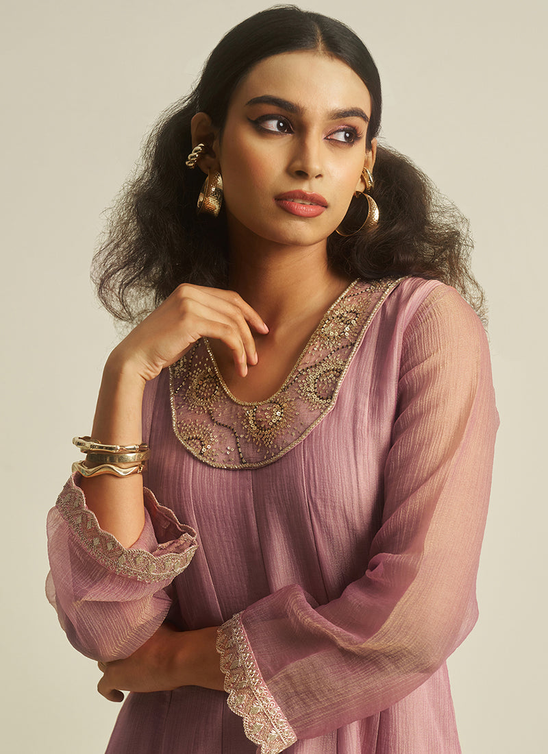 Pure Tissue Dusty Pink Casual Wear Hand Work Readymade Kurti With Pant 388742