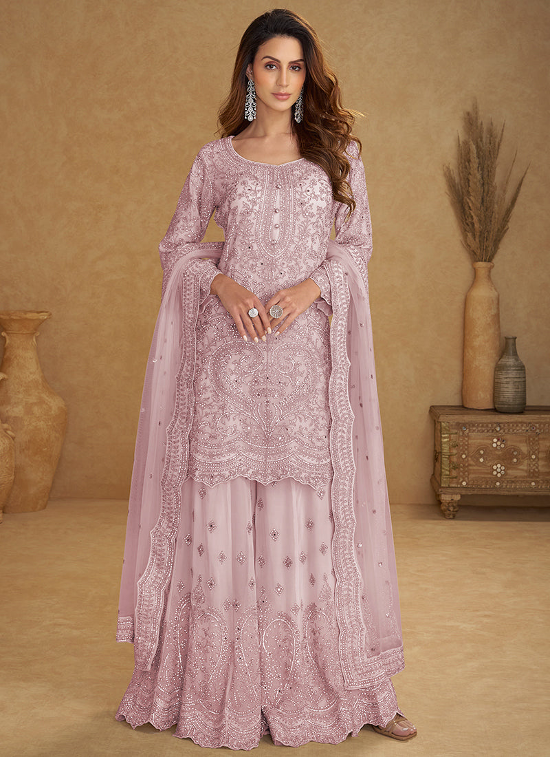 Dusty Pink Real Net Embroidery Work Party Wear Readymade Plazzo Suit SW994757
