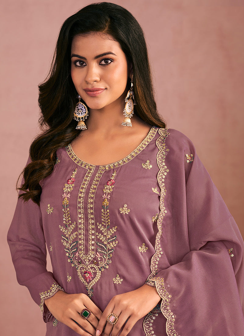Shimmer Silk Dusty Purple Wedding Wear Thread Work Readymade Plazzo Suit