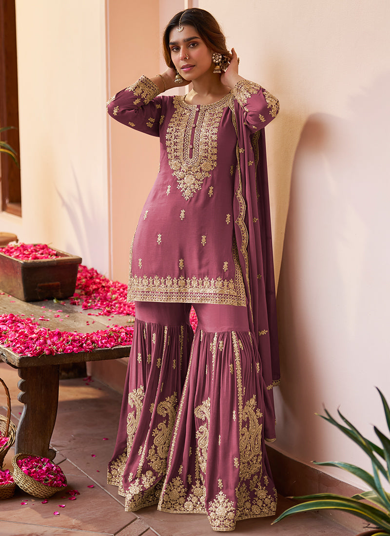 Dusty Rose Chinon Hand Work Eid Wear Readymade Sharara Suit SW638027