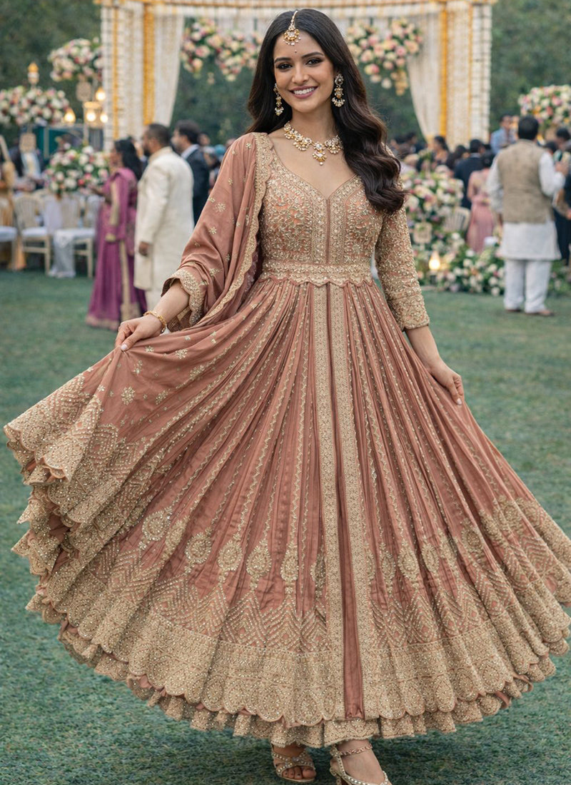 Dusty Rose Chinon Embroidery Work Wedding Wear Readymade Anarkali Suit SW705332