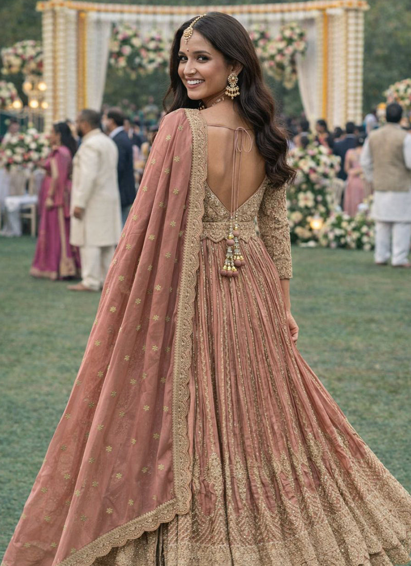 Dusty Rose Chinon Embroidery Work Wedding Wear Readymade Anarkali Suit SW705332