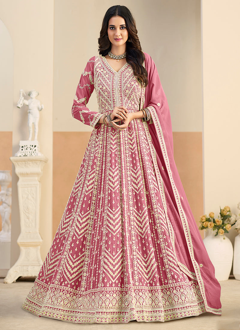 Dusty Rose Faux Georgette  Embroidery Work Occasional Wear Anarkali Suit SW481892