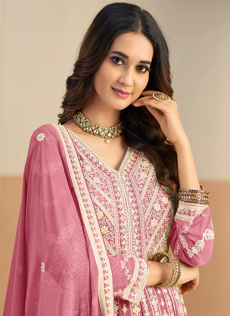 Dusty Rose Faux Georgette  Embroidery Work Occasional Wear Anarkali Suit SW481892