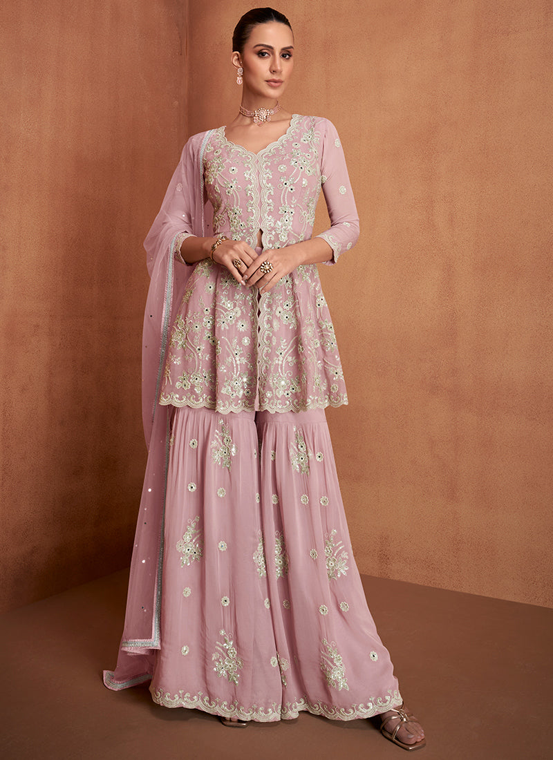 Dusty Rose Georgette Embroidery Work Festival Wear Readymade Gharara Suit SW360579