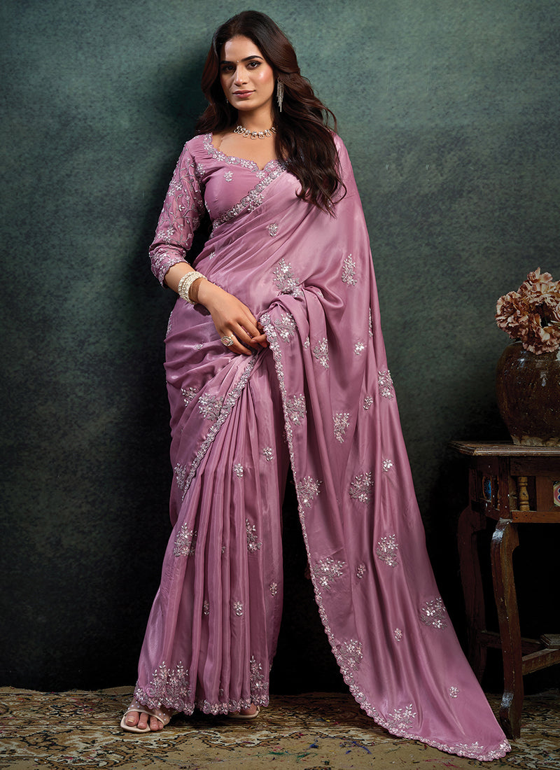 Soft Satin Dusty Rose Party Wear Sequins Embroidery Work Parties Saree 389022