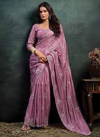 Soft Satin Dusty Rose Party Wear Sequins Embroidery Work Parties Saree 389022