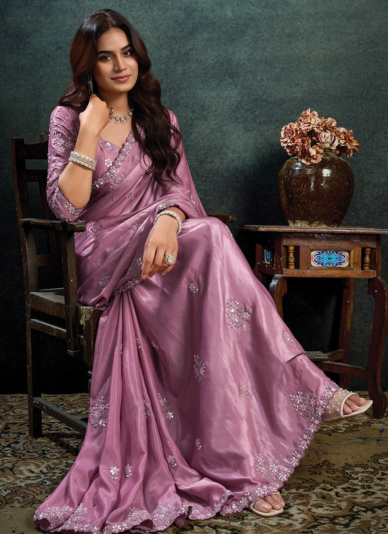 Soft Satin Dusty Rose Party Wear Sequins Embroidery Work Parties Saree 389022
