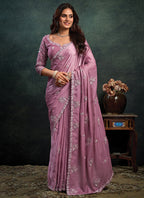 Soft Satin Dusty Rose Party Wear Sequins Embroidery Work Parties Saree 389022