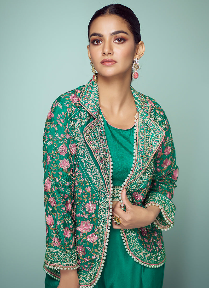 Chinon Emerald Green Party Wear Embroidery Work Readymade Plazzo Suit 389002