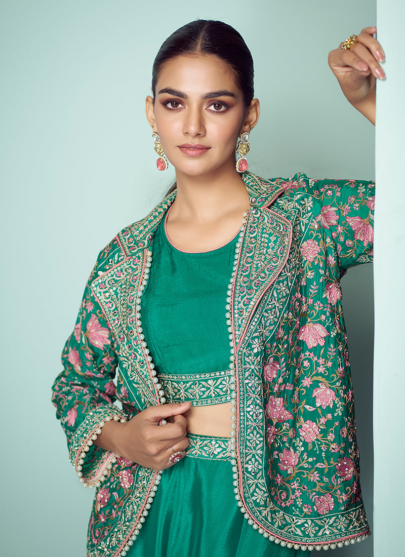 Chinon Emerald Green Party Wear Embroidery Work Readymade Plazzo Suit 389002