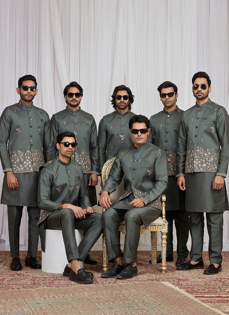 Green Art Banarasi Silk Patten Pcs Festival Wear Readymade Kurta Pajama With Jacket SW292093