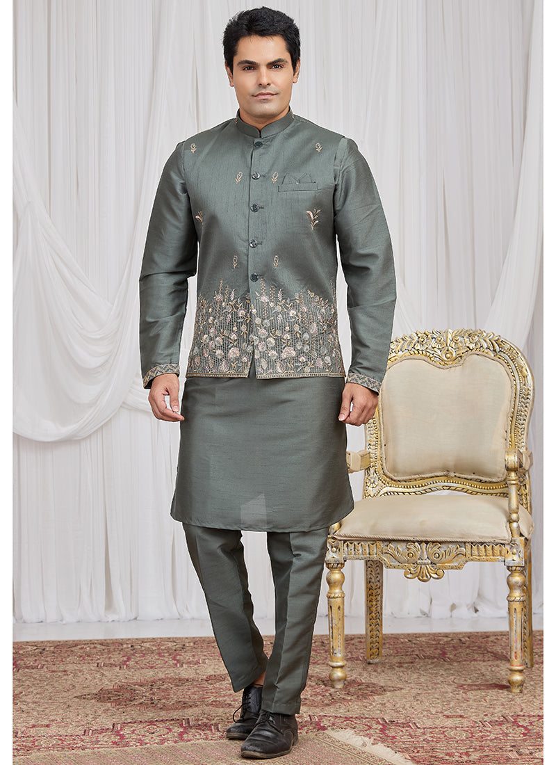 Green Art Banarasi Silk Patten Pcs Festival Wear Readymade Kurta Pajama With Jacket SW292093