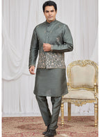 Green Art Banarasi Silk Patten Pcs Festival Wear Readymade Kurta Pajama With Jacket SW292093