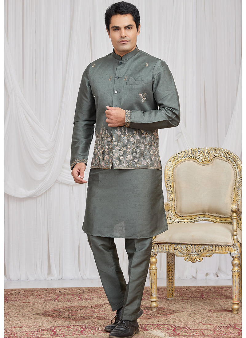 Green Art Banarasi Silk Patten Pcs Festival Wear Readymade Kurta Pajama With Jacket SW292093