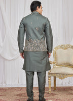 Green Art Banarasi Silk Patten Pcs Festival Wear Readymade Kurta Pajama With Jacket SW292093