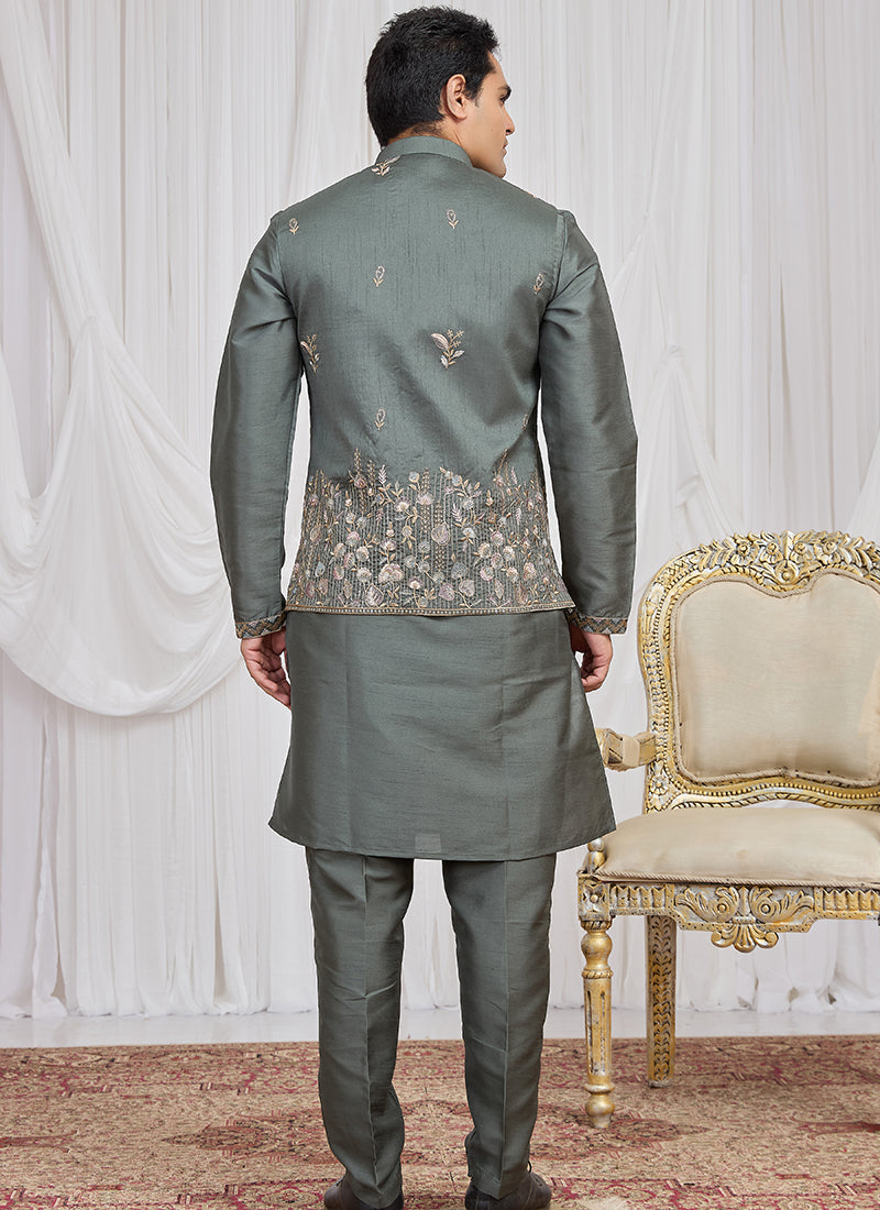 Green Art Banarasi Silk Patten Pcs Festival Wear Readymade Kurta Pajama With Jacket SW292093