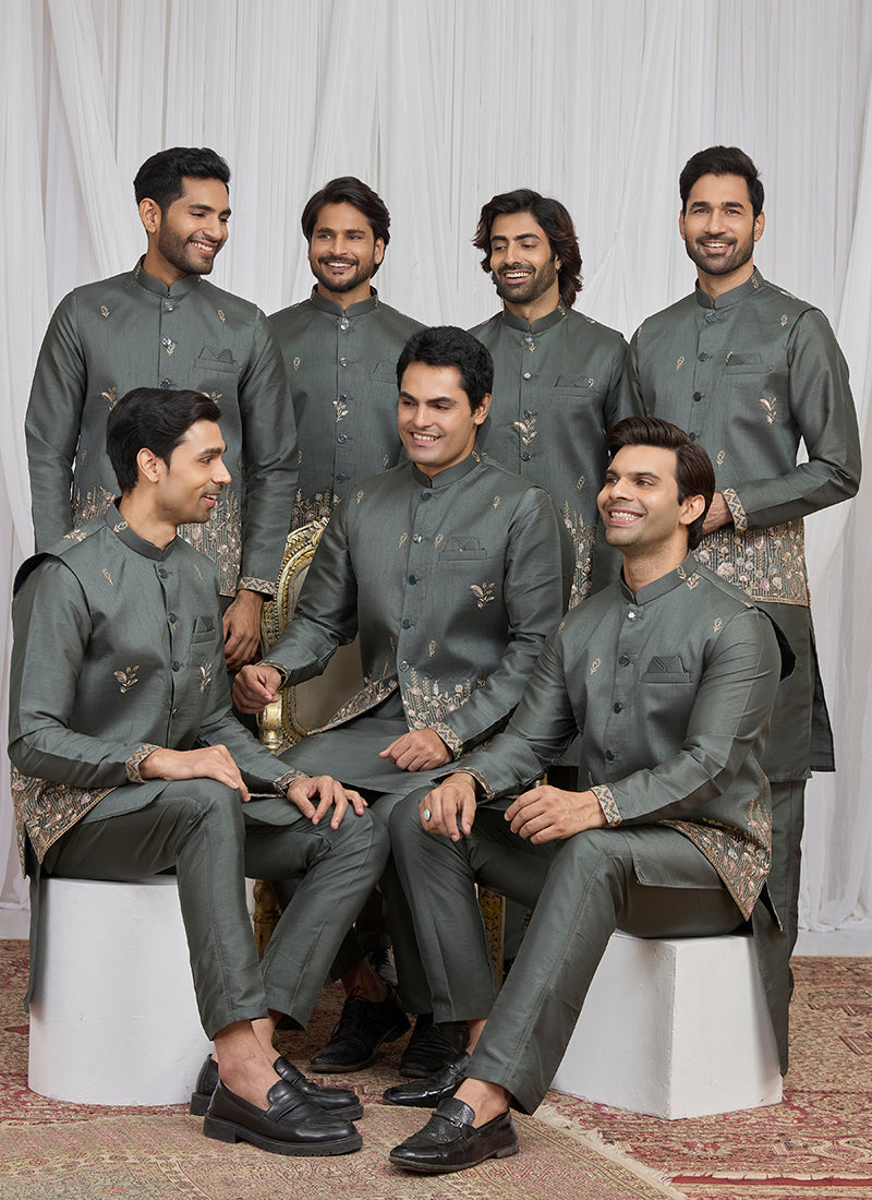 Green Art Banarasi Silk Patten Pcs Festival Wear Readymade Kurta Pajama With Jacket SW292093