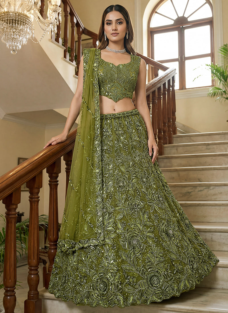 Green Net Thread Work Wedding Wear Lehenga Choli SW981601
