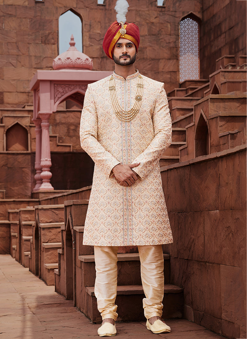 Gold Art Silk Wedding Wear Embroidery Work Readymade Mens Sherwani