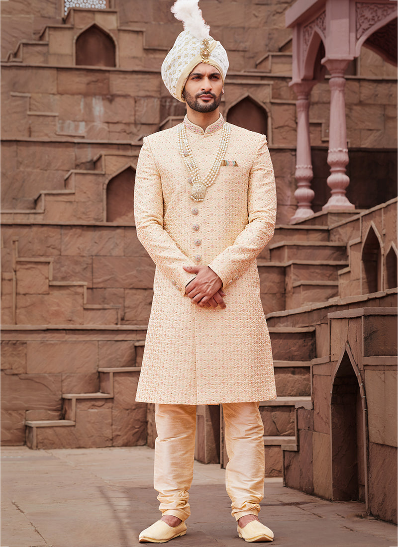 Gold Art Silk Wedding Wear Embroidery Work Readymade Mens Sherwani