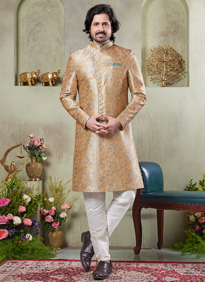 Art Silk Gold Wedding Wear Print On Computer Thread Work Readymade Sherwani