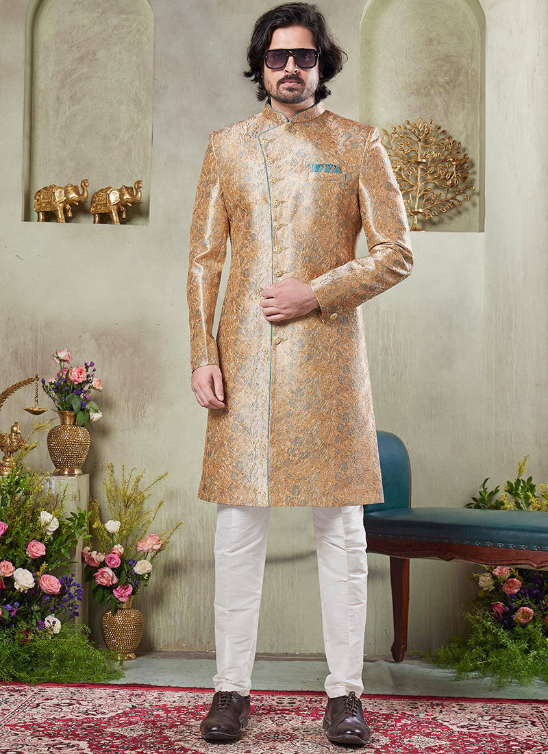 Art Silk Gold Wedding Wear Print On Computer Thread Work Readymade Sherwani