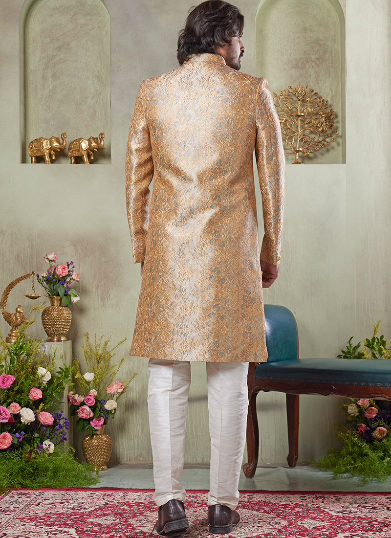 Art Silk Gold Wedding Wear Print On Computer Thread Work Readymade Sherwani