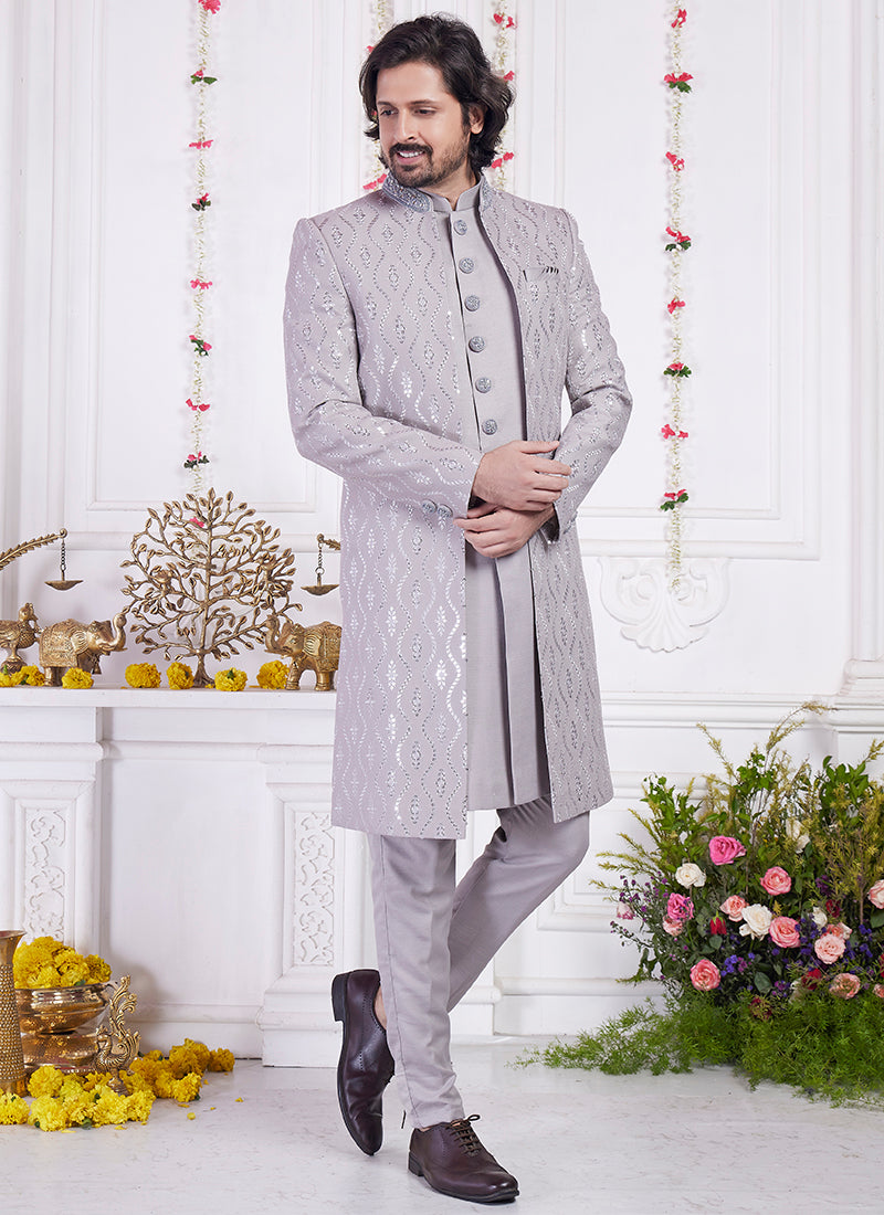 Art Silk Gray Party Wear Computer Thread Work Readymade Kurta With Jacket