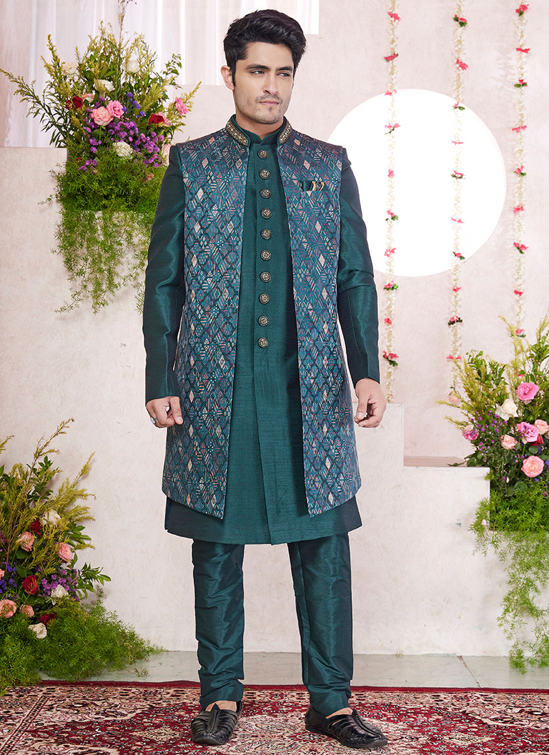Art Silk Green Party Wear Embrodery Onnack Woek And Button Readymade Sherwani With Jacket