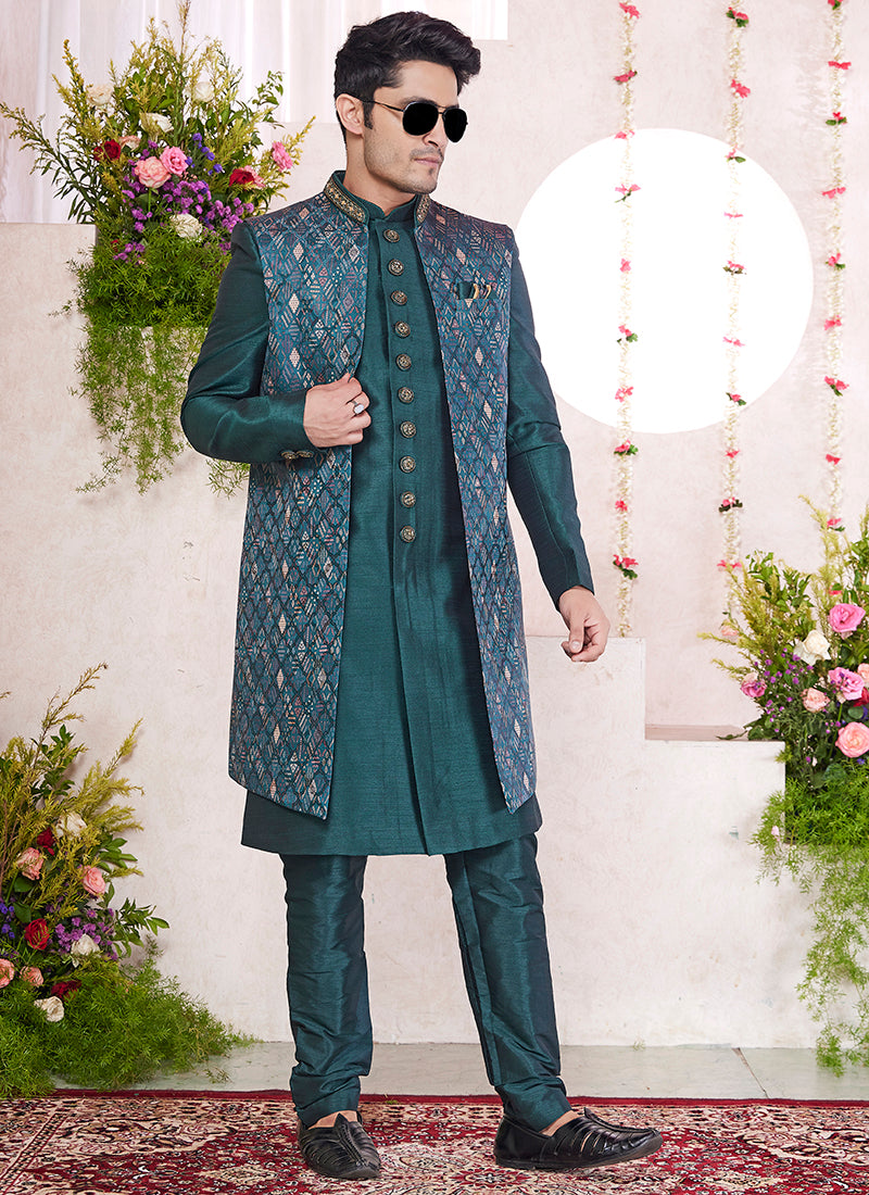 Art Silk Green Party Wear Embrodery Onnack Woek And Button Readymade Sherwani With Jacket