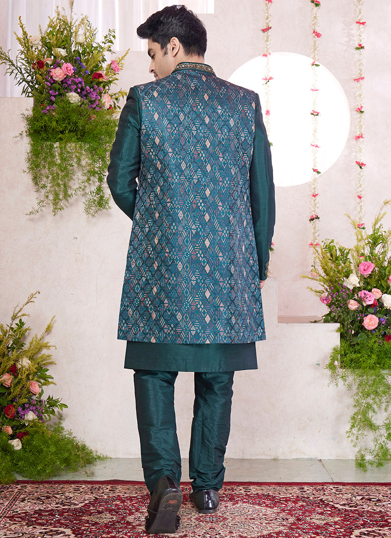 Art Silk Green Party Wear Embrodery Onnack Woek And Button Readymade Sherwani With Jacket