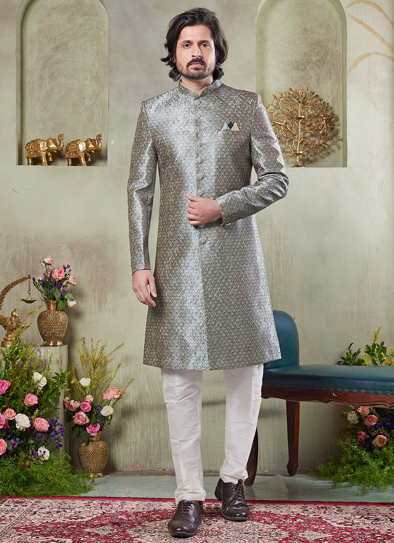 Art Silk Green Wedding Wear Print On Computer Thread Work Readymade Sherwani