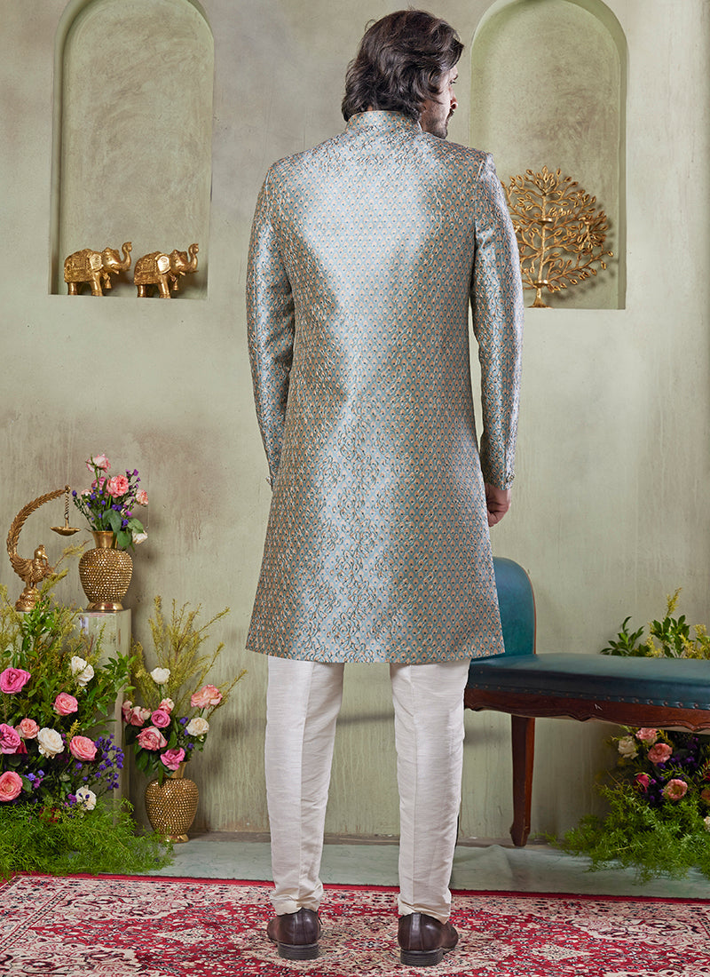 Art Silk Green Wedding Wear Print On Computer Thread Work Readymade Sherwani