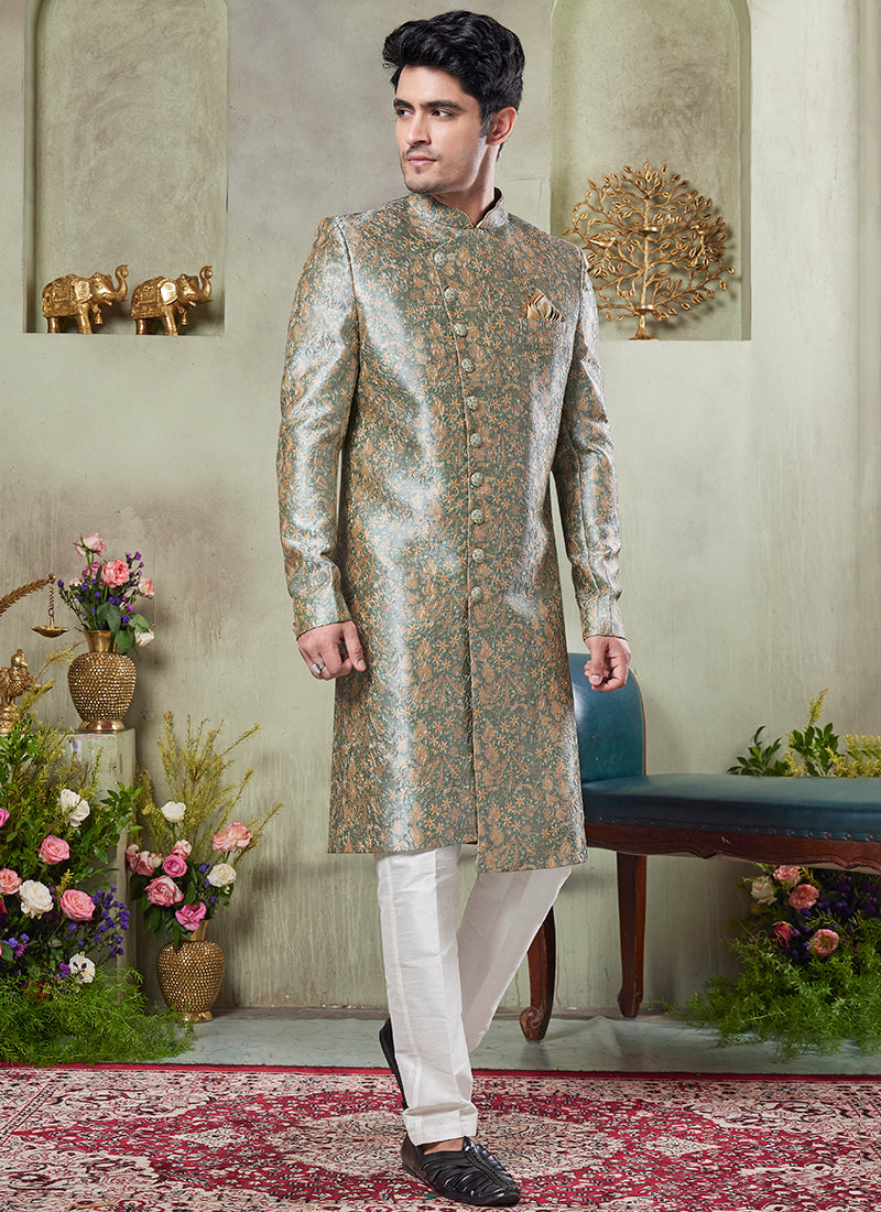 Art Silk Green Wedding Wear Print On Computer Thread Work Readymade Sherwani
